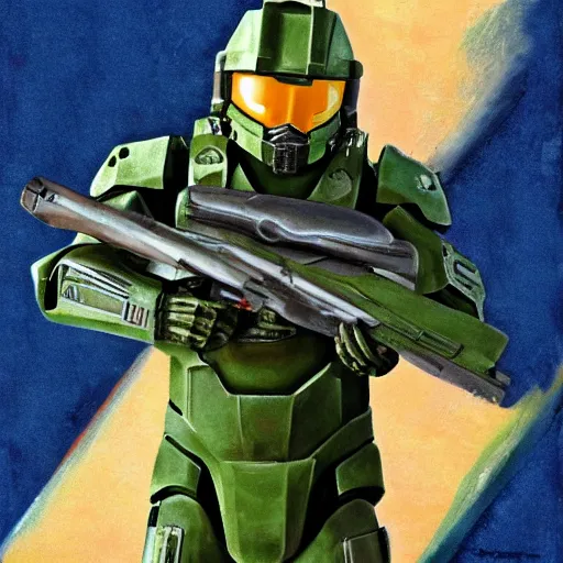 Image similar to master chief in the style of norman rockwell