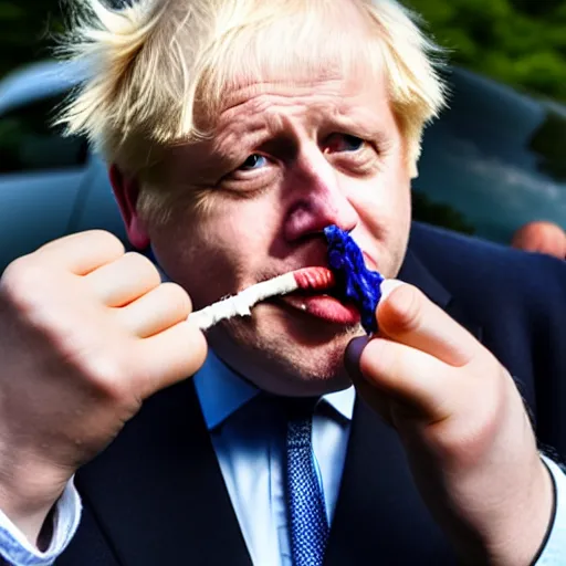 Image similar to medium shot photo of Boris Johnson with a joint in his mouth with smoke coming out, 4k, ultra HD