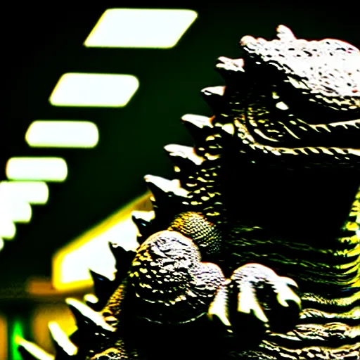 Image similar to a small godzilla running in a subway, photorealistic, macro lens, close-up