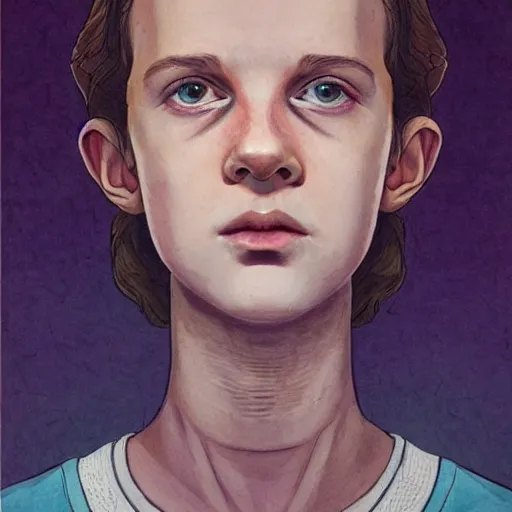 Image similar to beautiful side portrait of Eleven from Stranger things in a scenic!!! Environment!! by martine johanna, lines ,figurativism!, portrait,