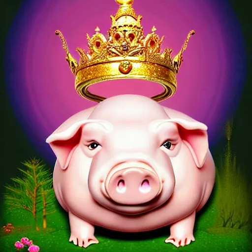 Prompt: Piggy deity, baby, piglet, fat figure, Cute, adorable, elegant, chubby, pink, gold, warm, wearing a crown, bracelets and necklaces, pale blue carpet, potted plants, figure, realistic, hair detailing, background is heavenly,wonderland at night, The light in the deep forest full of mythical creatures of the picture, according to European art, Golden Sacred Tree, Golden Apple, Flower Garden,Hyper realistic render. Den noise. Volumetric Lighting. Dynamitc Lighting. Unreal Engine. octane. Hyper Cinematic lighting