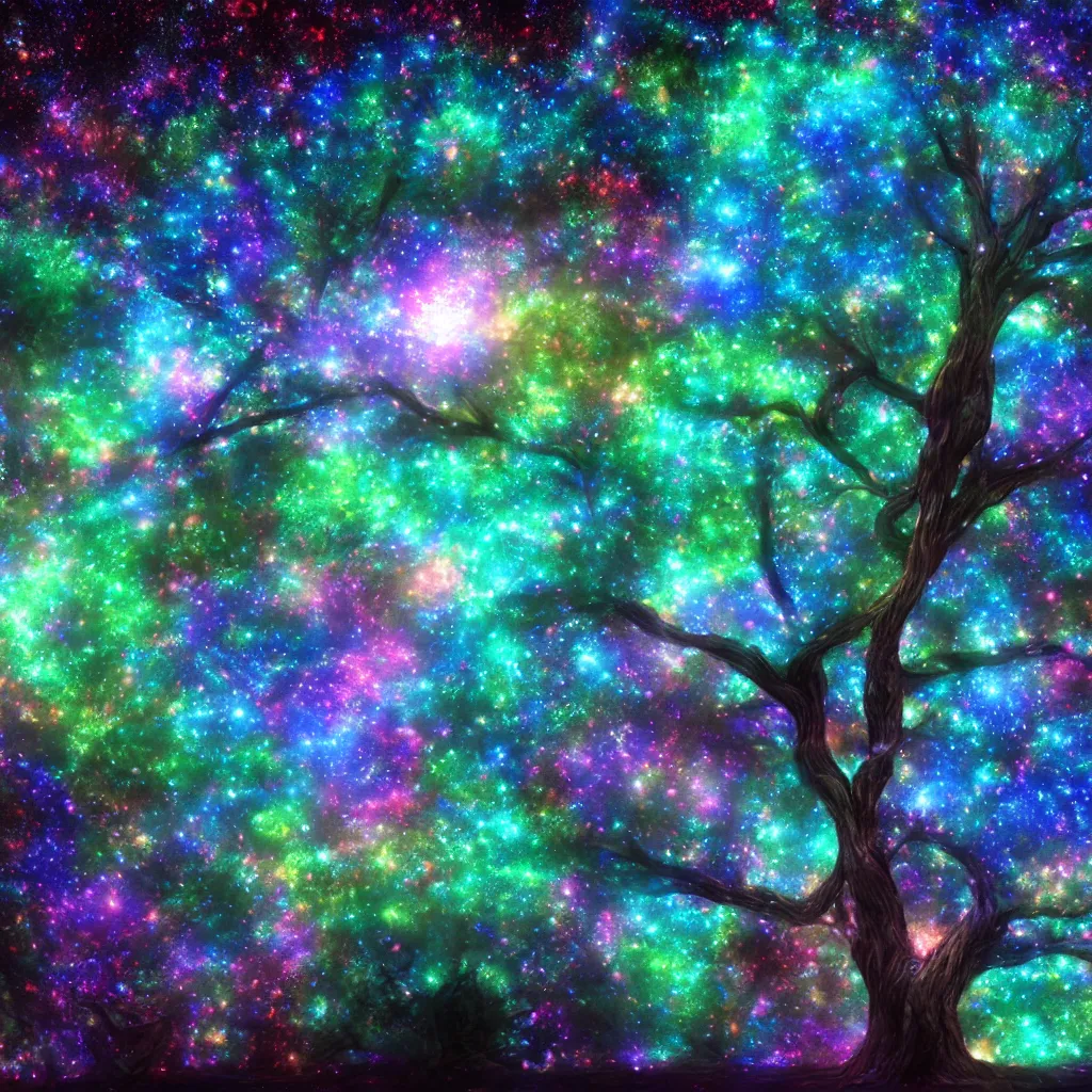 Prompt: Cosmic tree of life, trees, Tree in a galaxy made of stars, space, nebulas stars Dmt Psychedelic cosmos, cosmic, Hallucination, night sky; 8k, artstation, unreal engine, octane render, hdr, surrealistic, hyperrealism, glow, photorealistic, volumetric lighting, Dreamy, dynamic, mystical