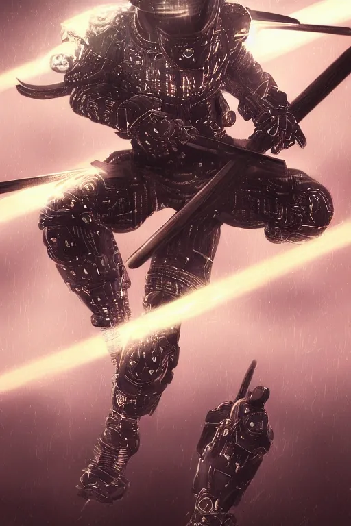 Image similar to ultra realist and ultra intricate detailed soft painting of a ninja cyberwarrior rabbit dual weld glowing katanas, symmetry features, sensual gloomy style, volumetric clouds, cyberpunk background, artstation, unreal render, depth of field