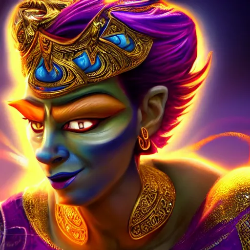 Image similar to all powerful genie, a god, god, ecstatic, infinite power, manic, perfect eyes, full body shot, magical being, magic, portrait, noble, transformation, vivid colors, elegant, concept art, sharp focus, digital art, Hyper-realistic, 4K, Unreal Engine, Highly Detailed, HD, Dramatic Lighting by Brom, trending on Artstation