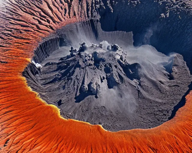 Image similar to 4 k hd, high resolution photograph of volcano eruption, full colour, shot with sigma f / 4. 2, 2 5 0 mm sharp lens, wide shot, high level texture render