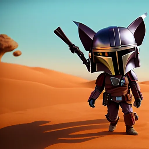 Image similar to mandalorian as nendoroid walking in a desert with two moons in the croods movie style, muted colours, anime, disney, pixar, 8 k, hd, dof, kodak film, volumetric lighting, subsurface scattering, photorealistic, octane render, details