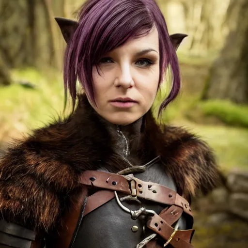 Image similar to anya charlota as a medieval fantasy tolkien elf, dark purplish hair tucked behind ears, wearing leather with a fur lined collar, wide, muscular build, scar across the nose, one black, scaled arm, cinematic, character art, real life, 8 k, detailed.