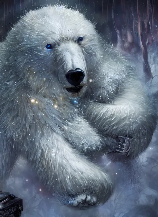 Image similar to white furry polar bear, steampunk googles, highly detailed, unreal engine 5, cinematic, 8 k, by megan duncanson, benjamin lacombe, adrian borda, stanley artgermm, tom bagshaw, craig mullins, carne griffiths, ayami kojima, beksinski, giger, trending on deviantart, hyper detailed, horror, full of colour