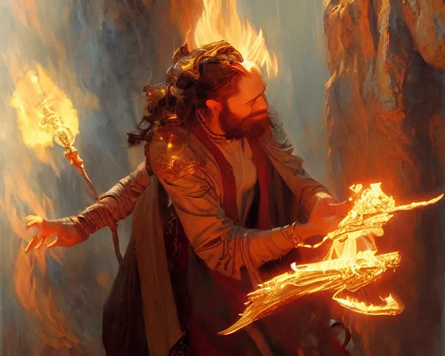 Prompt: attractive wizard casting powerful fire spell. highly detailed painting by gaston bussiere, craig mullins, j. c. leyendecker 8 k