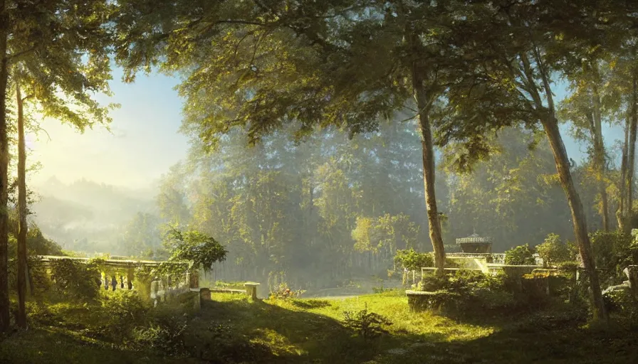 Prompt: view from a manor house balcony overlooking a forest valley, highly detailed, architecture, sunny, blue sky, cinematic lighting, highly angle, godrays, volumetric, digital art painting by greg rutkowski