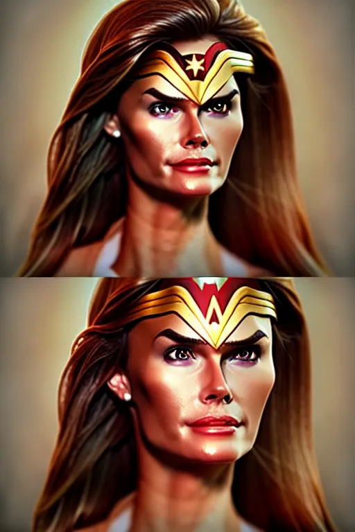 Image similar to portrait of a mix of beautiful young maria shriver, mariel hemmingway, brooke shields and elle macpherson as wonderwoman, thin lips, hair tied up in a pony tail, colorful artstation, cgsociety