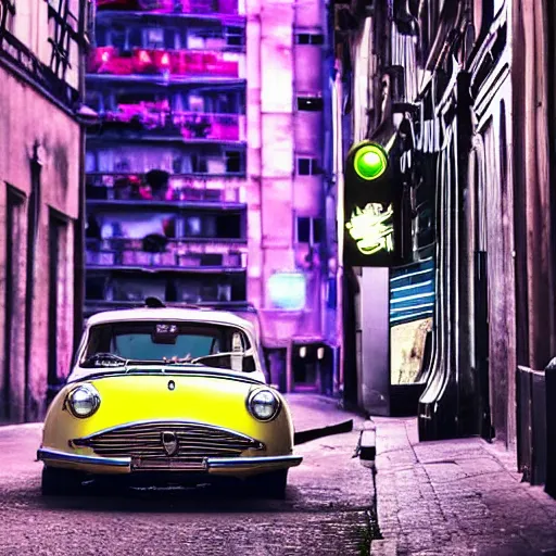 Prompt: a 1955 citreon ds car in a cyberpunk paris street with neons