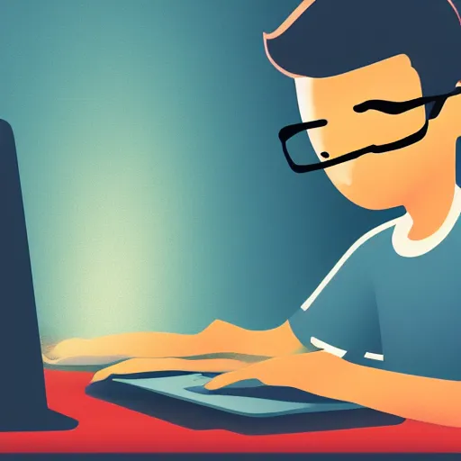 Prompt: illustration of a boy using his computer late night, low lights, dynamic lighting, strong shades, 4k