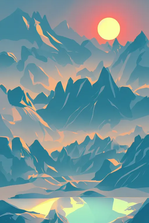 Image similar to sunrise mountain water vector illustration digital art by james gilleard trending on artstation