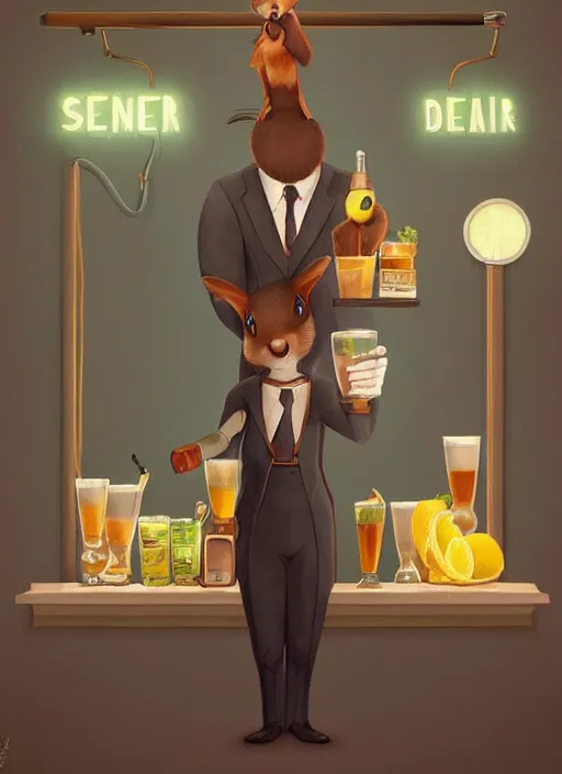 Image similar to squirrel anthro as a dapper bartender with a big, fluffy tail, retro futurism, art deco, detailed, painterly digital art by WLOP and Cory Loftis and Steve Henderson, 🐿🍸🍋, furaffinity, trending on artstation
