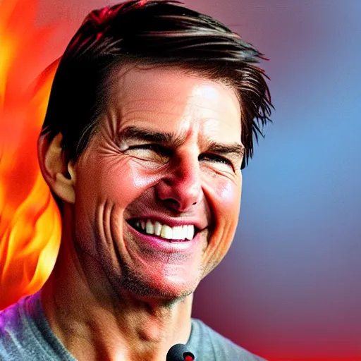 Prompt: Tom Cruise laughing in a house he set on fire, flaming background, overexposed photograph