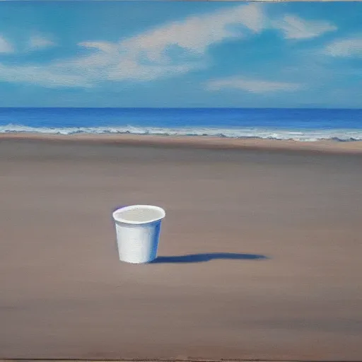 Prompt: an oil painting of a giant white styrofoam cup on the beach, the beach has red water, surrealism