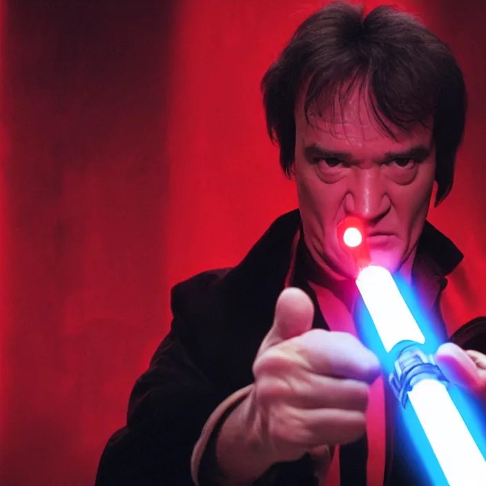 Prompt: quentin tarantino raising a lightsaber with his right hand, giving thumbs up with his left hand. without characters. red and black background. cinematic trailer format.