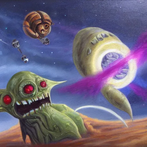 Prompt: A small spaceship fights an eldritch abomination with facial features. Oil painting