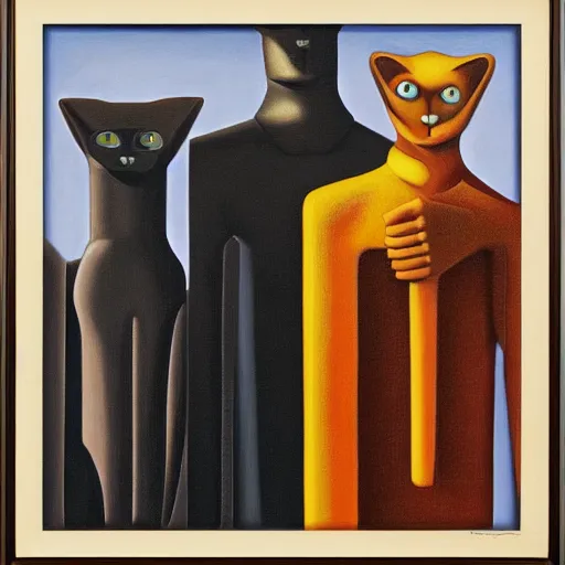 Image similar to three brutalist feline robots portrait, grant wood, pj crook, edward hopper, oil on canvas