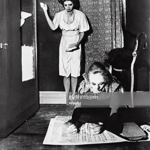 Prompt: photo of a housewife summoning a unspeakable demonic manifestation, newspaper photo, 1946