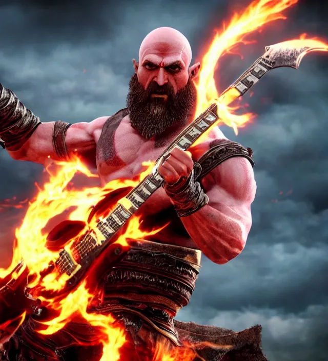 Image similar to kratos shredding on a flaming stratocaster guitar guitar, cinematic render, god of war 2 0 1 8, santa monica studio official media, lightning, stripe over eye