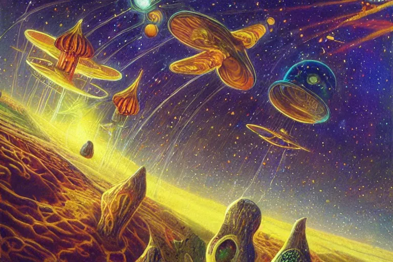 Image similar to how magic mushrooms can take us to the farthest reaches of innerspace, painting by james gurney