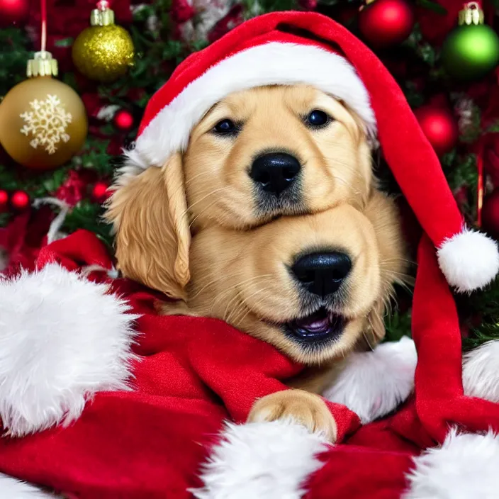 Image similar to cute golden retriever puppy wearing a christmas hat by archibald thorburn