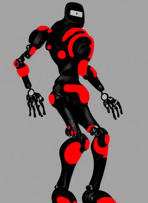 Prompt: a robot wearing a black grey and red outfit, full body shot, highly detailed, digital painting, artstation, concept art, smooth, sharp focus, illustration