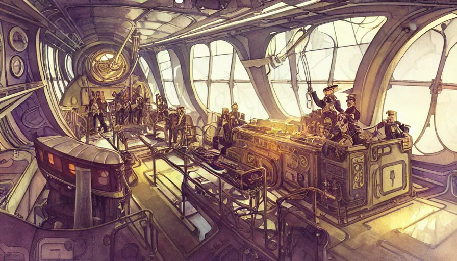 Image similar to airship interior bridge of warship, captain's chair, bridge crew, starship, throne room, french baroque, napoleonic, dieselpunk science fiction, steampunk, command and control center, sharp, concept art watercolor illustration by mandy jurgens and alphonse mucha, dynamic lighting