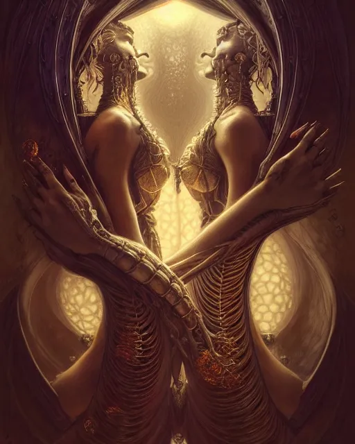 Prompt: fractal lovers by giger, passionate pose, minecraft, golden ratio, deep focus, d & d, dark fantasy, intricate glow accents, elegant, highly detailed, digital painting, artstation, concept art, matte, sharp focus, octane render, hearthstone, art by artgerm and greg rutkowski and alphonse mucha