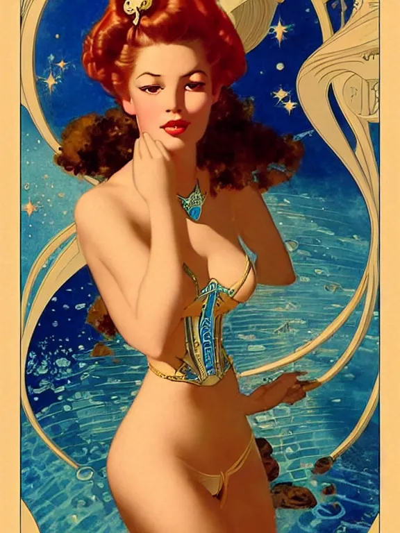 Image similar to princess kida the high queen of ancient atlantis, a beautiful art nouveau portrait by gil elvgren, beautiful underwater city environment, centered composition, defined features, golden ratio, silver jewelry, stars in her gazing eyes