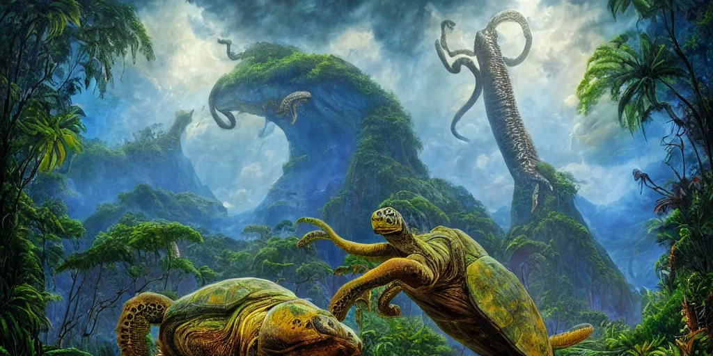 Image similar to fantasy oil painting, great leviathan, turtle cephalopod terrapin reptilian pachyderm amphibian hybrid, rainforest mountains, lush plants flowers, epic natural light, bright clouds, luminous sky, outer worlds, bright cinematic lighting, michael cheval, michael whelan, vray, 8 k hd