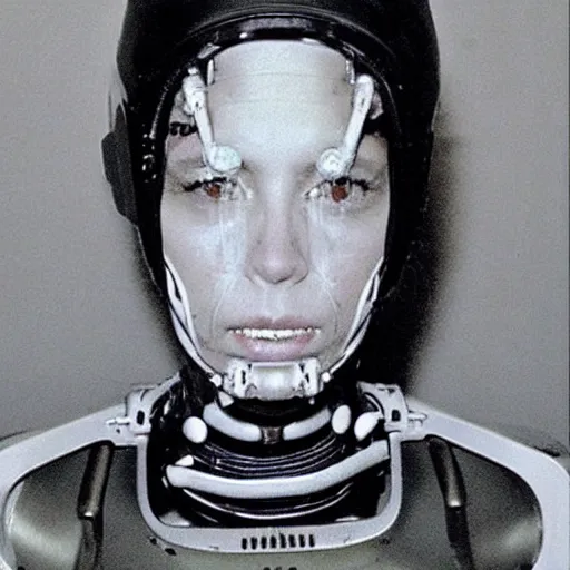 Image similar to grainy photo of an ugly woman, wearing bionic implants, cyborg!! criminal!!, (((((high tech, circuit boards, cyberpunk))))), mugshot!!!