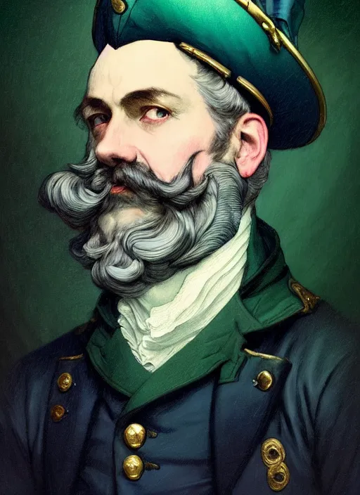 Prompt: close up portrait of 1 8 th century old naval captain, grey mustache, navy blue coat and chapeau by artgerm, cushart krenz, greg rutkowski, mucha. art nouveau. gloomhaven, swirly liquid ripples, green tones, vibrant colors, sharp edges. ultra clear detailed. 8 k. elegant, intricate, octane render