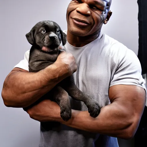 Prompt: 15mm wide shot of mike tyson holding a puppy