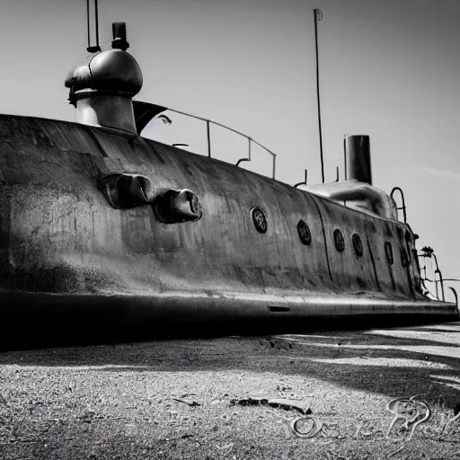 Image similar to Black and White photo of steampunk submarine at dry dock