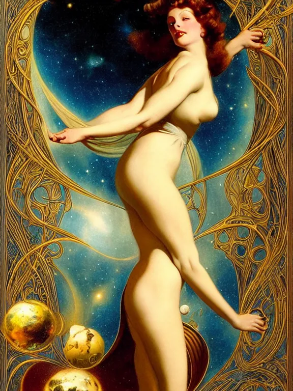 Image similar to Morpheus the god of dreams, a beautiful art nouveau portrait by Gil elvgren, colliding galaxy environment, centered composition, defined features, golden ratio, silver helmet