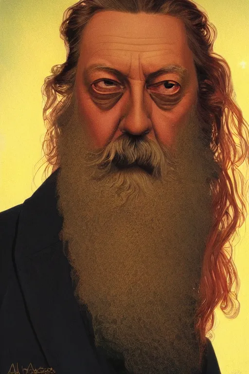 Image similar to a close-up portrait of Alan Moore, dramatic backlighting, golden hour, autochrome, high contrast, highly detailed, sharp focus, digital painting, concept art, illustration, rock, comicpunk, trending on artstation, art by greg rutkowski and Shepard Fairey, composition by alphonse mucha