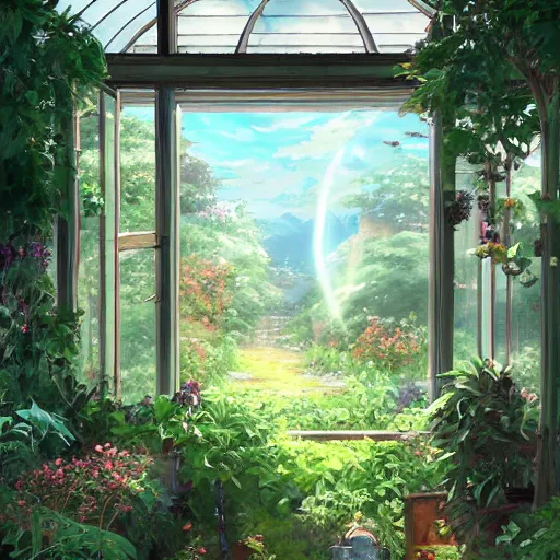 Image similar to a heavenly dream view from the interior of my cozy greenhouse filled with exotic and numerous plants from a Makoto Shinkai oil on canvas inspired pixiv dreamy scenery art majestic fantasy scenery cozy window frame fantasy pixiv scenery art inspired by magical fantasy exterior