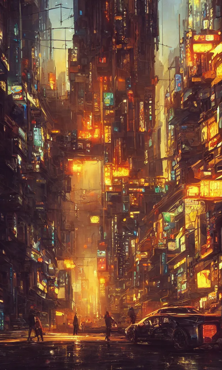 Image similar to an epic painting of the city street, oil on canvas, cold colors, perfect composition, golden ratio, beautiful detailed, photorealistic, digital painting, artstation, concept art, smooth, sharp focus, illustration, cyberpunk background, artstation trending, octane render, unreal engine