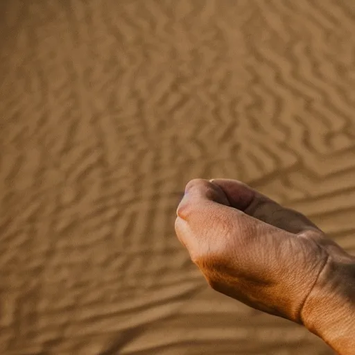 Prompt: a hand holding a face made of sand, color photo, 8 5 mm high depth of field, warm color palette