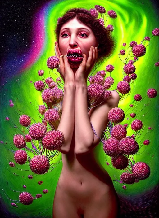 Image similar to hyper detailed 3d render like a chiariscuro Oil painting with focal blur - Aurora (Singer) looking adorable and seen in dynamic pose joyfully Eating of the Strangling network of glowing and milky Fruit and Her delicate Hands hold of gossamer polyp blossoms bring iridescent fungal flowers whose spores black the foolish stars to her smirking mouth by Jacek Yerka, Mariusz Lewandowski, Houdini algorithmic generative render, Abstract brush strokes, Masterpiece, Edward Hopper and James Gilleard, Zdzislaw Beksinski, Mark Ryden, Wolfgang Lettl, hints of Yayoi Kasuma, octane render, 8k