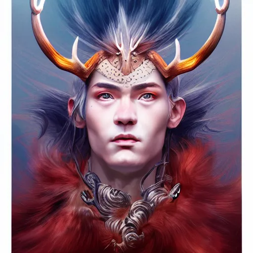 Image similar to Dramatic portraiture of Uuen, the Pictish god of stags, mixed media, trending on ArtStation, by Viktor Vasetnov and ArtGerm and Lucian Freud, luminism