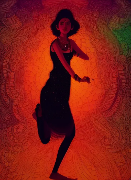 Prompt: sensual beautiful young indian girl wearing a little black dress at a bar, dancing in the background, epic scene, by victo ngai, kilian eng vibrant colours, dynamic lighting, digital art, winning award masterpiece, fantastically beautiful, illustration, aesthetically inspired by beksinski and dan mumford, trending on artstation, art by greg rutkowski, 8 k