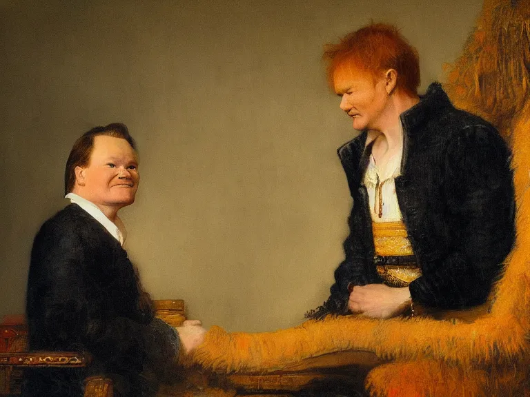 Prompt: Conan O'Brien and Andy Richter painting by Rembrandt, high detail, high resolution