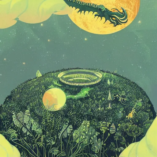 Prompt: Beautiful ultradetailed and ultrasharp painting of an alien planet with lush vegetation, at night with a giant dragon flying in the air by victo ngai