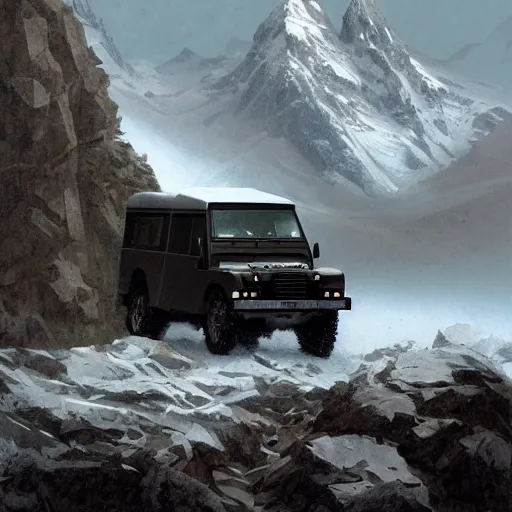 Image similar to a landrover crossing the alps while its snowing, digital art, artstation, photgraphy, highly detailed, digital painting, artstation, concept art, sharp focus, illustration, art by greg rutkowski and artgerm