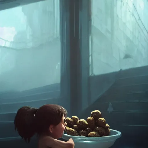 Image similar to an otherworldly being is eating a bowl of tiny humans, dramatic lighting, cinematic, establishing shot, extremly high detail, photorealistic, cinematic lighting, artstation, style by greg rutkowski