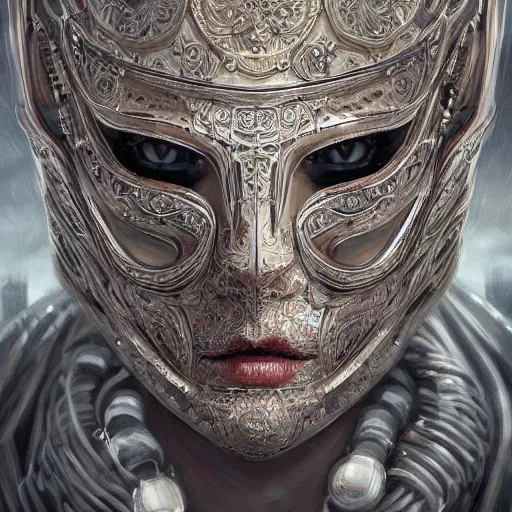 Image similar to Very very very very highly detailed epic central composition portrait of face with venetian mask, intricate, dystopian, sci-fi, extremely detailed, digital painting, artstation, concept art, smooth, sharp focus, illustration, intimidating lighting, incredible art by Tokujin Yoshioka and Anton Pieck